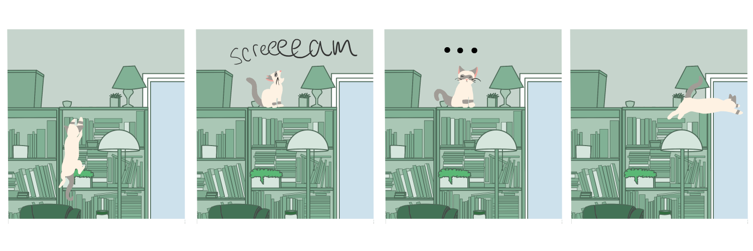 Apocalypse page five. Panel one: Famine's blind kitten climbs back up to the top of a bookshelf. Panel two and three: He screams but no one comes to investigate. Panel four: He leaps off the bookcase, probably aiming for the nearby couch.