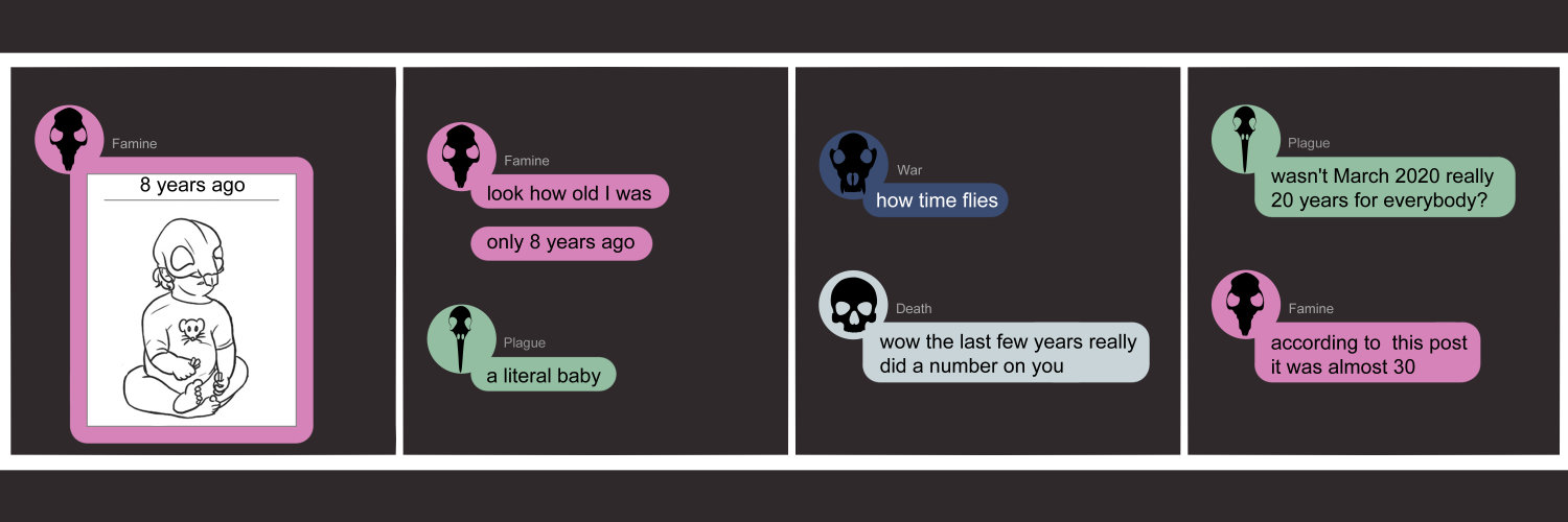 Apocalypse page one hundred! This is in a chat format like Facebook or Discord. Panel one: Famine (pink icon, rat skull) has posted a screen captured image from Facebook into the chat. We see her pink chat color outlining a baby photo! But this brown-haired baby is wearing a giant rat skull on her head, along with the usual onesie and diaper. The caption on the original post reads 8 Years Ago, and Look at my baby picture!! LOL! Panel two: Famine types into chat 'Look how old I was. Only 8 years ago.' Plague (green icon, bird skull) quips 'A literal baby'. Panel three: War (dark blue icon, wolf skull) joins in sarcastically 'how time flies!' Death (light blue icon, human skull) adds, 'Wow the last few years really did a number on you.' Panel four: Plague asks 'Wasn't March 2020 really 20 years for everybody?' Famine returns with 'according to this post it was almost 30 years.'   
