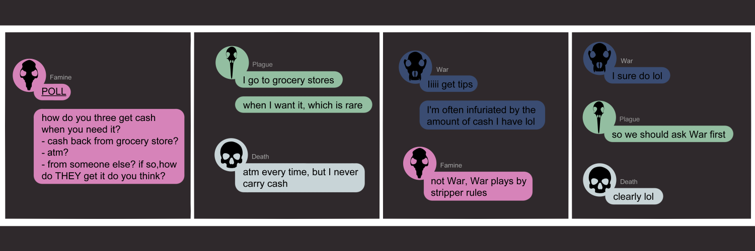 Apocalypse page one hundred thirteen. This is in a chat format like Facebook or Discord. Panel one: Famine (pink bubble, black rat skull) opens the floor with 'Poll! How do you three get cash when you need it? 1) cash back from a grocery store? 2) ATM? 3) from someone else? if so, how do THEY get it do you think?' Panel two: Plague (green bubble, black bird skull) says 'I go to grocery stores. When I want it, which is rare.' Death (light blue bubble, black human skull) pops in to say 'ATM every time, but I never carry cash.' Panel three: War (dark blue bubble, black wolf skull) admits 'Iiiii get tips. I'm often infuriated by the amount of cash I have lol'. Famine snaps back 'Not War, War plays by stripped rules.' Panel four: War agrees 'I sure do lol'. Plague says 'So we should ask War first!' Death concludes 'Clearly lol'.  