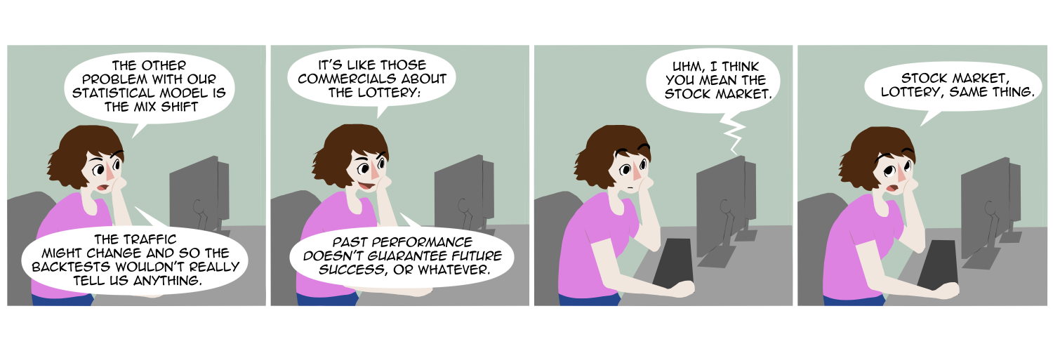 Apocalypse page two hundred forty. Panel one: Famine sits at her work desk with two monitors. She seems to be on a video call, as she says '...The other problem with our statistical model is the mix shift. The traffic might change and so the back tests wouldn't really tell us anything.' Panel two: She smiles. 'It's like those commercials about the lottery. Past performane doesn't mean future success! Or whatever the saying is.' Panel three: A pause. Someone in the video call says 'Uhm, I think you mean the stock market.' Panel four: Famine rolls her eyes. 'Stock market, lottery, same thing.'      