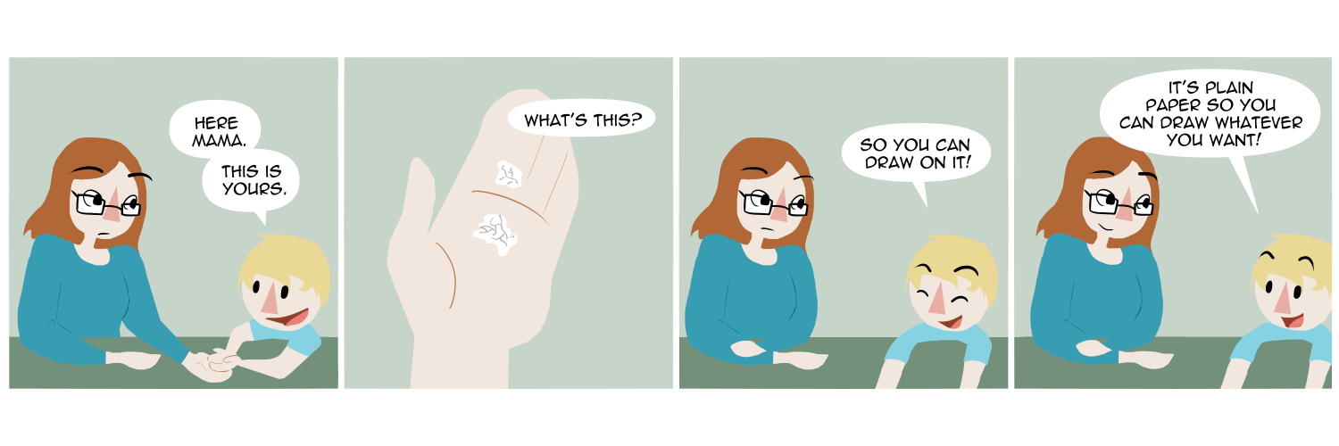 Apocalypse page two hundred fifty nine. Panel one: Death sits at the dining table. Her son Mort appears saying 'Here Mama, this is for you.' Panel two: She holds out her hand and he drops crumpled up paper balls. 'What's this?' Panel three: Smiling, the child says 'So you can draw on it!' Panel four: He continues, 'It's blank paper, so you can draw whatever you want!'     