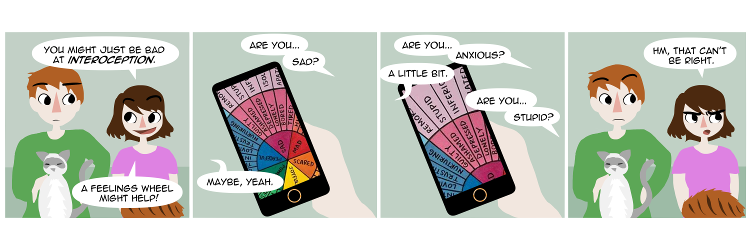 Apocalypse page two hundred sixty two. Panel one: Feast and Famine sit on their couch. Famine cheerfully says 'You just might be bad at interoception! A feelings wheel might help!' Panel two: We see a phone screen held in Famine's hand, screen fully taken up by a slice of a feelings wheel (listing all kinds of emotions). From off screen Famine asks 'Are you...sad?' Feast replies 'Maybe, yeah.' Panel three: She asks 'Are you...anxious?' 'A little bit,' Feast answers. 'Are you...stupid?' Panel four: We are back to the couch view. 'Hm,' Famine says. 'That can't be right.'     