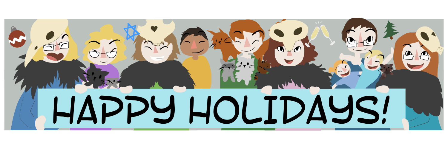 Apocalypse page two hundred seventy two. Panel one: All four of the Horsewomen are lined up holding a large sign that reads 'Happy Holidays!' Between them are Plague's sister Malady holding their cat and kitten, War's boyfriend Wrath, Famine's boyfriend Feast holding their four cats, and Death's husband holding their children Mort and Demise. Trees, ornaments, and menorah float behind them.  