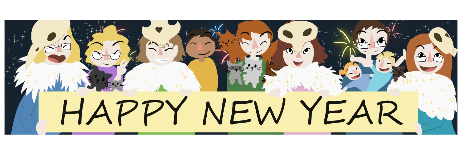 Apocalypse page two hundred seventy three. Panel one: All four of the Horsewomen are lined up holding a large sign that reads 'Happy New Year!' Between them are Plague's sister Malady holding their cat and kitten, War's boyfriend Wrath, Famine's boyfriend Feast holding their four cats, and Death's husband holding their children Mort and Demise. Behind them all the sky is dark and fireworks sparkle.  