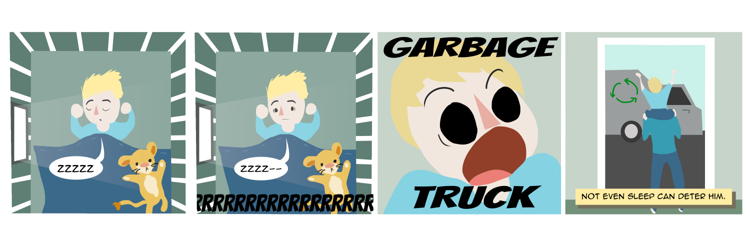 Apocalypse page twenty eight. Panel one: Death's son lies peacefully asleep in bed. Panel two: the faintest rumble of a truck crosses the panel. His eyes SNAP open. Panel three: He sits up in bed screaming 'GARBAGE TRUCK' almost exactly like page 26. Panel four: Death holds her son on her shoulders, standing in the doorway to the front door. A narration box at the bottom says 'Not even sleep will deter him.' 