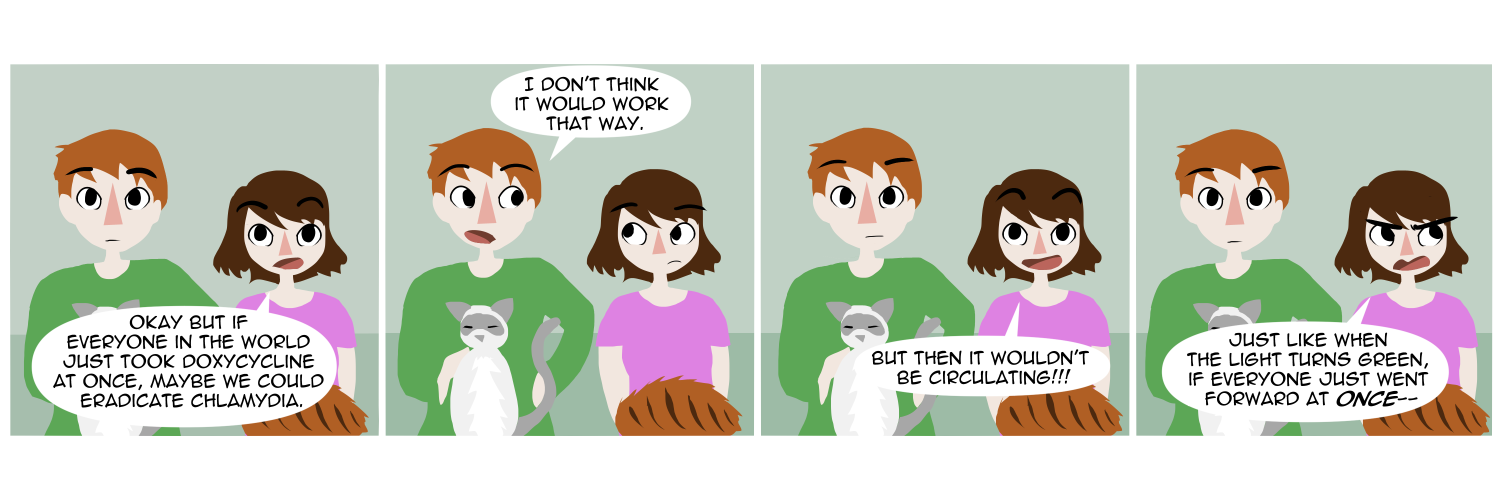 Apocalypse page two hundred eighty seven. Panel one: Feast and Famine sit on their couch, cats in laps. Famine is frowning at the off-screen TV. She says 'Okay but if everyone in the world just took Doxycycline at once, maybe we could eradicate chalymidia.' Panel two: Feast looks at her doubtfully. 'I don't think it would work that way.' Panel three: Excited now, Famine says 'But then it wouldn't be circulating!!' Panel four: Thinking hard, she continues, as Feast's face goes dark. 'Just like when the light turns green, if everyone just went forward at ONCE--'     