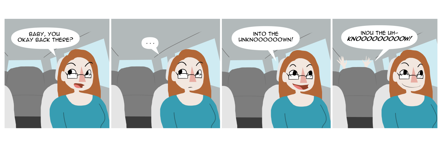 Apocalypse page sixty. Panel one: Death is driving with her son in a baby seat in the back. She asks 'Baby you okay back there?' Panel two: She frowns slightly as he does not respond. Panel three: She sings the catchiest phrase from Frozen 2: 'Into the unknown...' Panel four: From the back, two little hands wave over the top of the child safety seat. Baby boy tries to sing back 'Indu de uh-knowww!' Death smiles, assured of his safety.