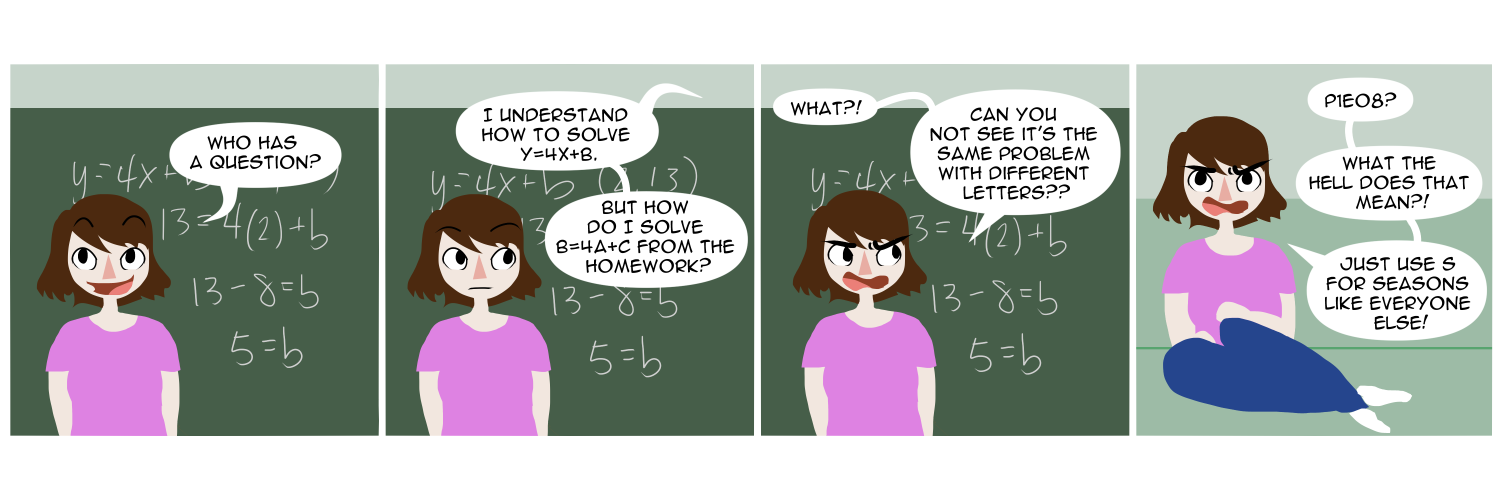 Apocalypse page ninety five. Panel one: Famine stands before a blackboard, clearly teaching a math class. On the board behind her are what appear to be complex, but to her quite simple, equations. She asks 'Who has a question?' Panel two: Someone off screen says 'I understand how to solve Y=4x+B. But how do I solve B=4A+C from the homework?' Panel three: Famine, frustrated, goes 'What?! Can you not see it's the same problem with different letters?? Panel four: Now relaxing on her couch, Famine frowns at the (offscreen) TV. She snaps 'P1 EO8? What the hell does that mean? Just use 'S' for Seasons like everyone else!' clearly unaware of the irony.  